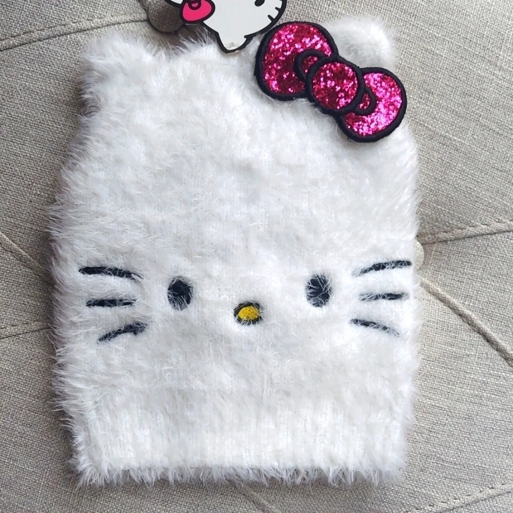 Sanrio Hello Kitty Girls White Furry Knit Beanie Hat Metallic Bow - white - 4-14